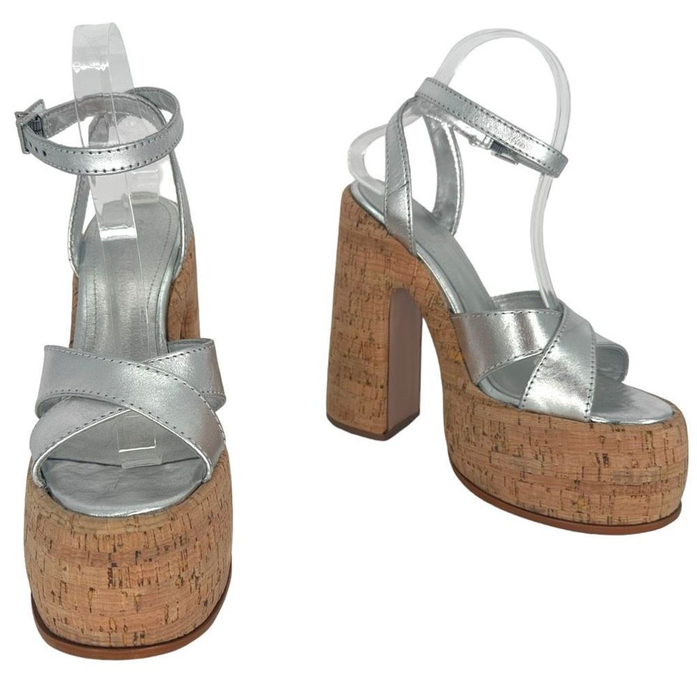 Schutz Pattie Metallic Leather Sandal Platform Silver Size 8 Ankle Strap Women’s